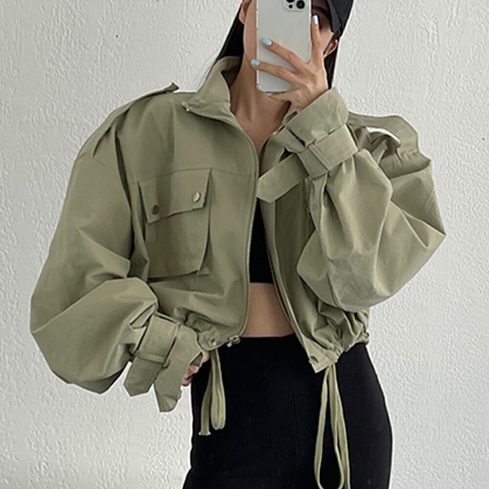 Army Green Casual Women's Flap Pocket Drop Shoulder Drawstring Hem Jacket